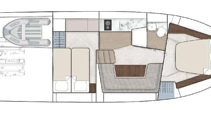 Boat interior layout with seating, dining area, kitchen, and sleeping quarters, featuring a small dinghy on the side.